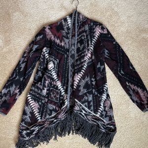 Lucky Brand cardigan with fringe, boho design, black/gray/burgundy, size small.